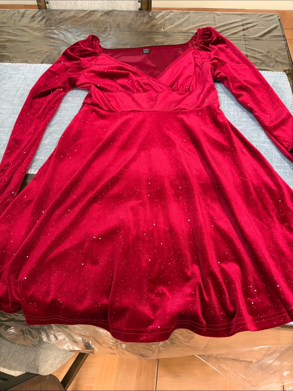 SHEIN Red Sparkle Velvet Long Sleeve Wrap Dress